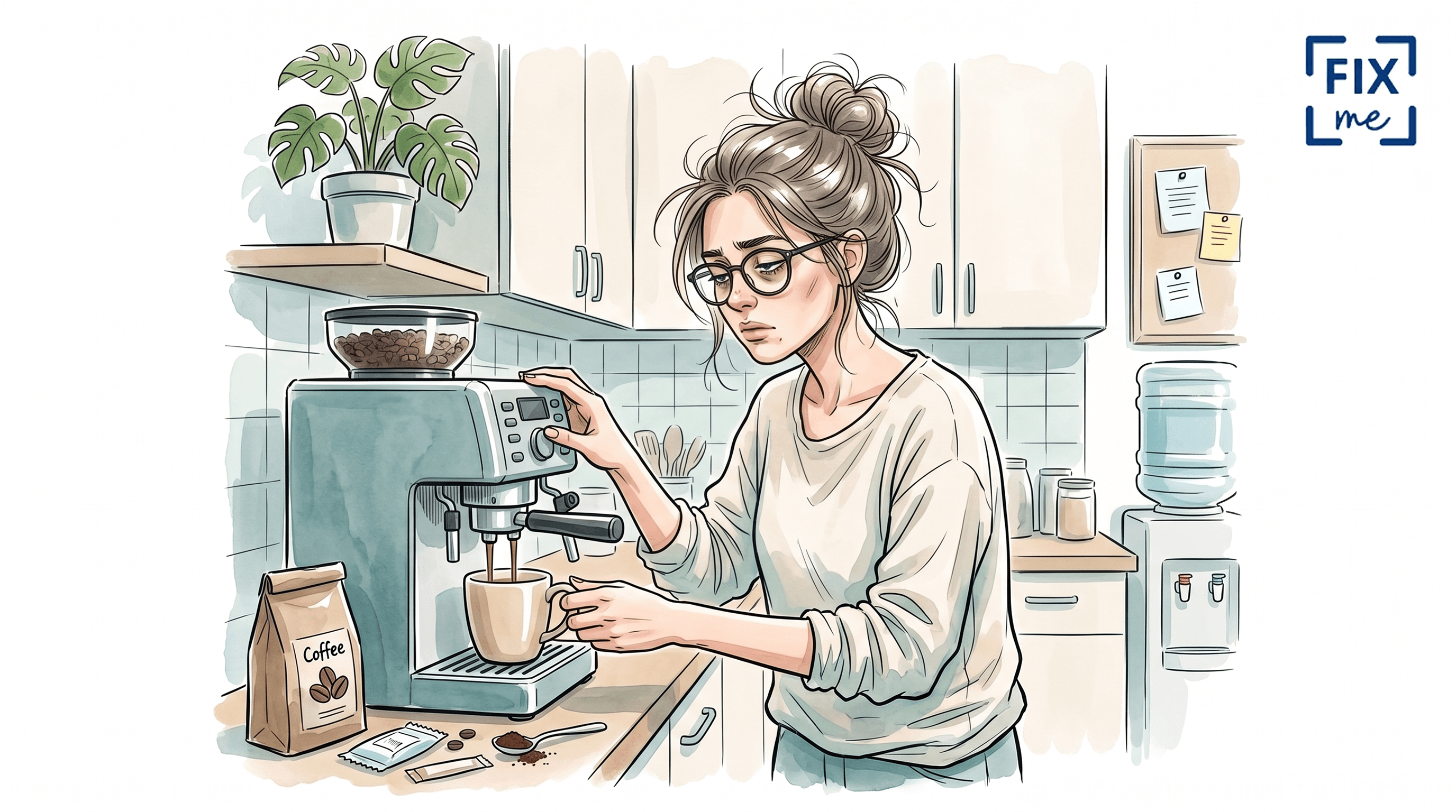 A watercolor and ink-style illustration depicting a sleep-deprived-looking young woman with messy hair in a bun and oversized glasses. The woman is standing in a bright kitchen operating a manual espresso machine, holding a cup under the spout. A bag of coffee and sachets are visible on the countertop. In the background, there is a potted plant, a corkboard, and a water dispenser.