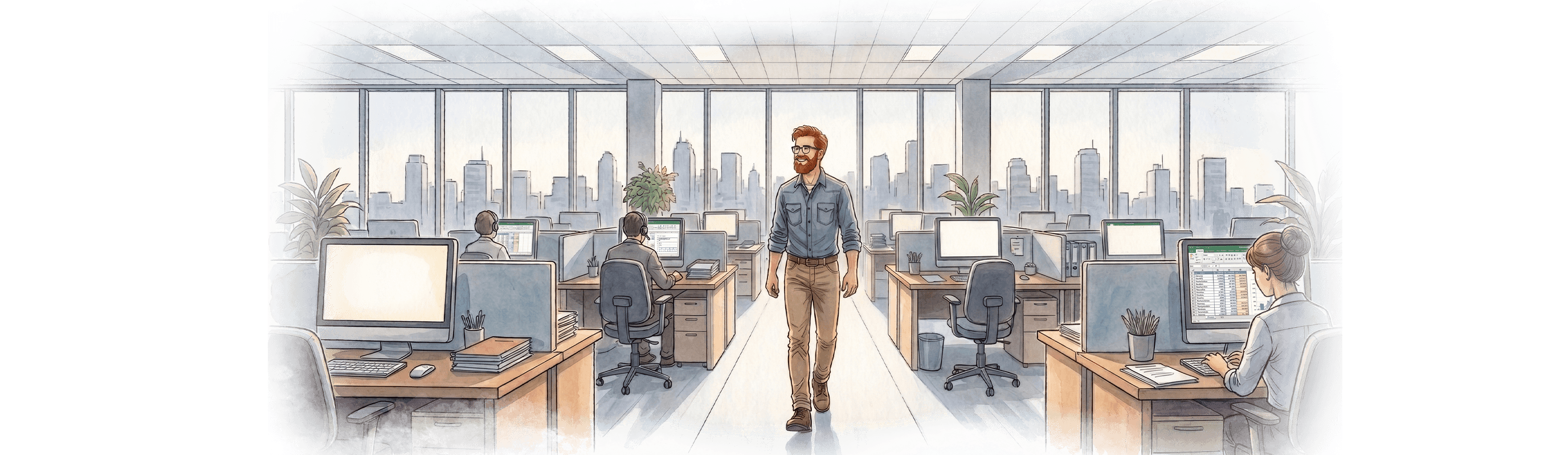 Ilustracja akwarelowa przedstawiająca rudobrodego mężczyznę idącego korytarzem nowoczesnego biura typu open space, pośród pracujących przy komputerach innych ludzi.