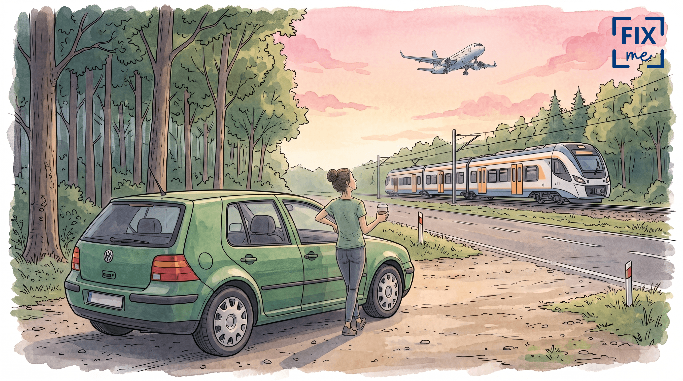 Ilustracja wykonana techniką akwareli i tuszu przedstawia scenerię na skraju lasu i drogi, z widokiem od tyłu na zielonego Volkswagena Golfa IV. Przy samochodzie stoi kobieta w zielonym t-shircie i dżinsach, z włosami upiętymi w kok, trzymająca kubek kawy i patrząca w górę. W tle, za drogą i torami, widać jadący pociąg pasażerski. Na niebie o odcieniu różowo-pomarańczowego zachodu słońca leci pasażerski samolot. Po prawej stronie widać znaki drogowe. Całość ma ręcznie rysowany charakter z widoczną teksturą papieru.