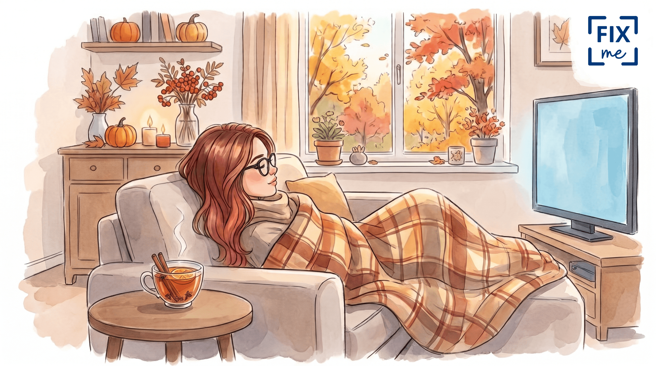 A woman with glasses and auburn hair lies under a plaid blanket on the couch and watches TV in a cozy, autumnal living room with a cup of tea on the coffee table and a view of golden trees outside the window.