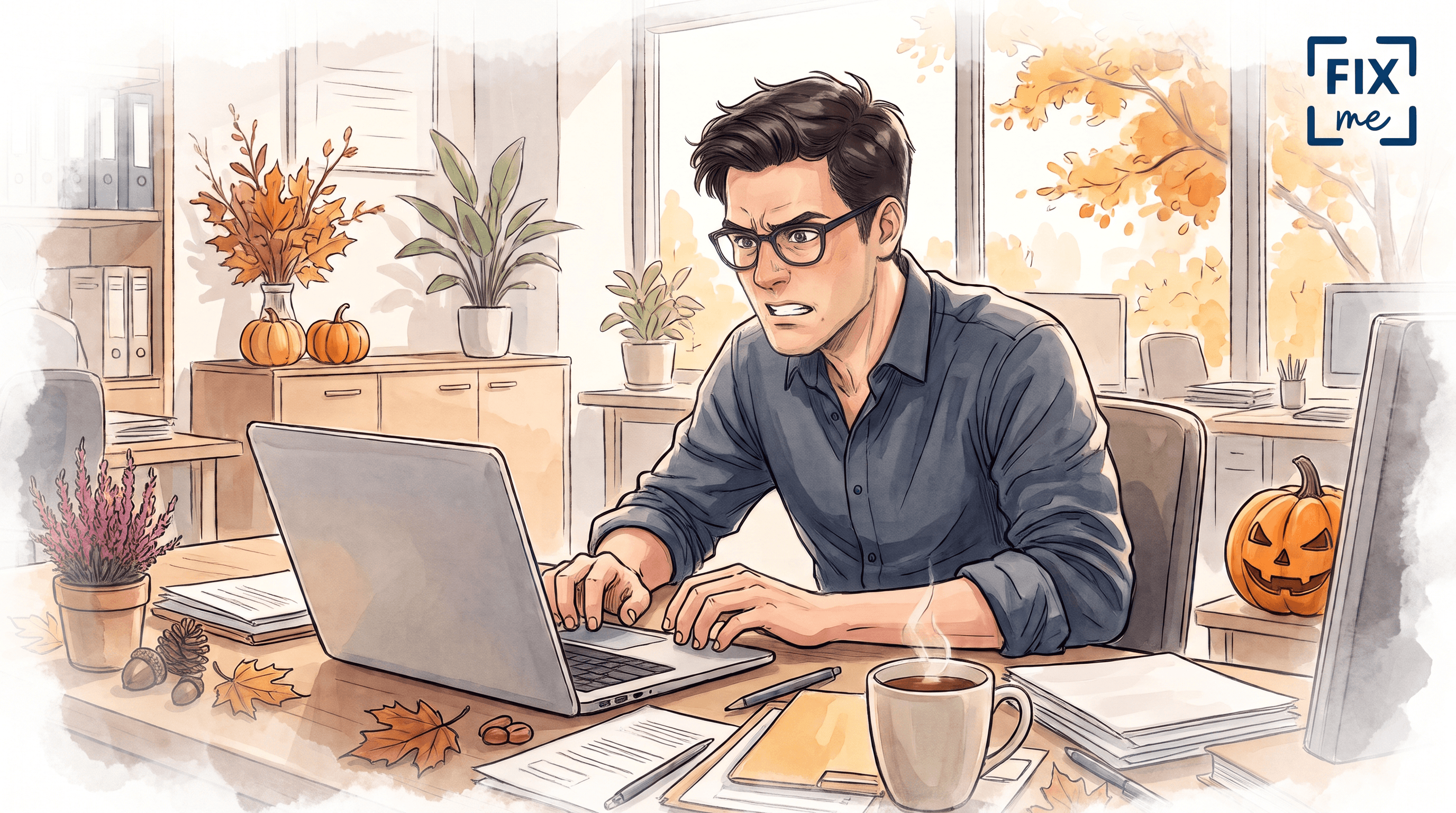 A man with glasses working on a laptop in an office with a tense facial expression and slightly clenched teeth, in an autumn setting with pumpkins and a cup of coffee.