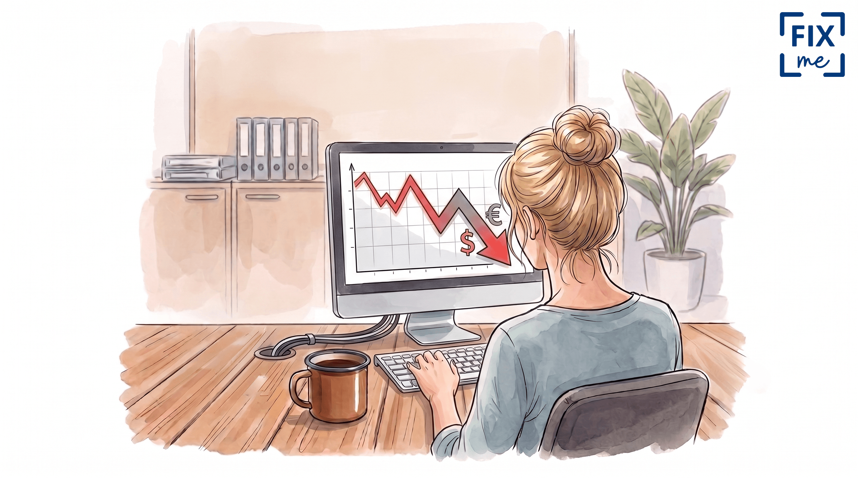 Ilustracja wykonana technika akwarelową i tuszem przedstawia widok z tyłu na kobietę z blond włosami upiętymi w koczek, siedzącą przy drewnianym biurku. Kobieta ma na sobie jasnoniebieską koszulkę i patrzy na ekran komputera stacjonarnego. Na ekranie widać wykres spadkowy z czerwoną linią oraz symbole walut: dolara ($), euro (€).  Na biurku, przed kobietą, znajduje się klawiatura i myszka komputerowa. Obok klawiatury stoi ceramiczny kubek z  herbatą. Z tyłu komputera wychodzą kable.  W tle, po lewej stronie, widać jasne drewniane szafki, na których stoją segregatory. Po prawej stronie znajduje się duża roślina doniczkowa w białej donicy, stojąca na szafce. Cała ilustracja ma miękkie, pastelowe kolory i wyraźne kontury wykonane czarnym tuszem.
