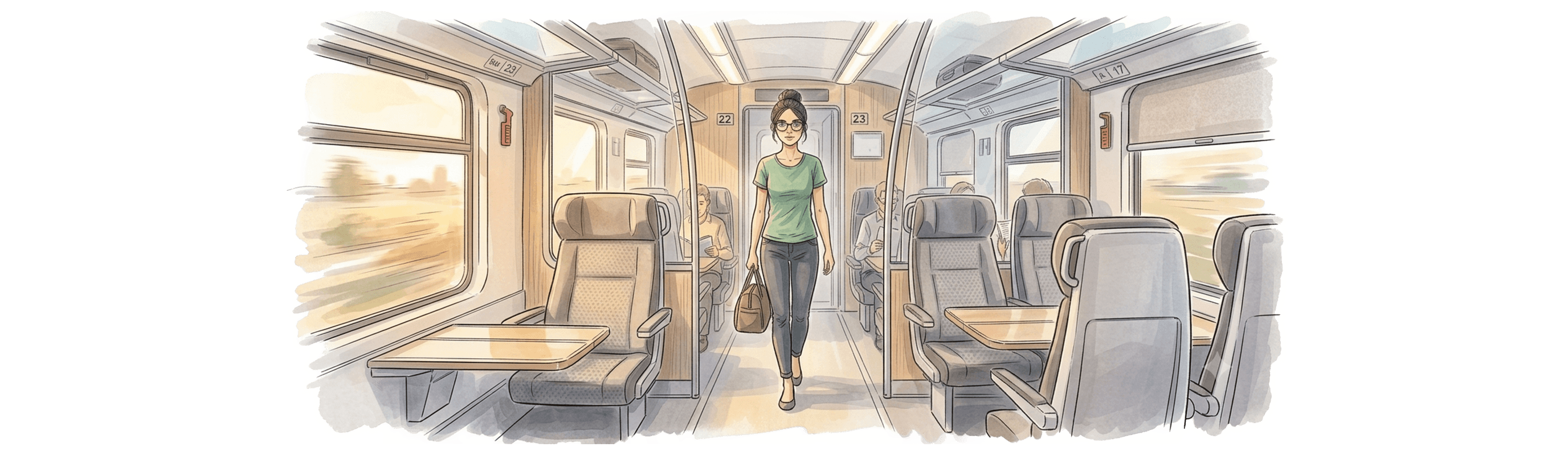 Ilustracja w stylu akwareli i szkicu tuszem przedstawia perspektywiczny widok na wnętrze nowoczesnego wagonu pasażerskiego. Środkiem przejścia idzie w kierunku widza młoda kobieta w okularach, z włosami upiętymi w kok, ubrana w zielony t-shirt i dżinsy, trzymająca w ręku brązową torbę podróżną. Po obu stronach przejścia znajdują się rzędy pustych oraz zajętych foteli z rozłożonymi stolikami. W głębi widać kilku innych pasażerów siedzących i czytających. Przez duże okna po lewej i prawej stronie wpada ciepłe światło, ukazując rozmyty widok mijanego krajobrazu. Na suficie widoczne są oprawy oświetleniowe oraz ekrany informacyjne z numerami miejsc. Grafika ma ręcznie rysowany charakter z widoczną teksturą papieru.