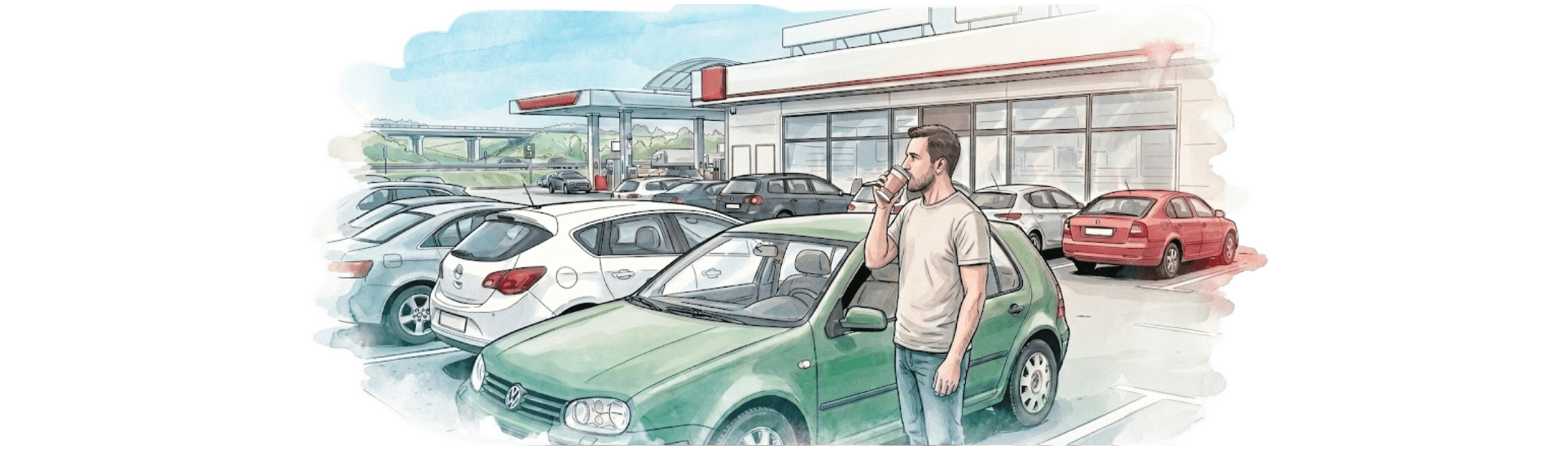 Rysunek w stylu komiksowym przedstawia mężczyznę stojącego na parkingu przy stacji benzynowej, który pije kawę z papierowego kubka. Mężczyzna jest ubrany w beżową koszulkę i dżinsy. Stoi obok zielonego samochodu Volkswagen Golf. Parking jest pełen innych zaparkowanych aut. W tle widać budynek stacji z dużymi oknami i zadaszeniem nad dystrybutorami paliwa, a za nim drogę z wiaduktem.