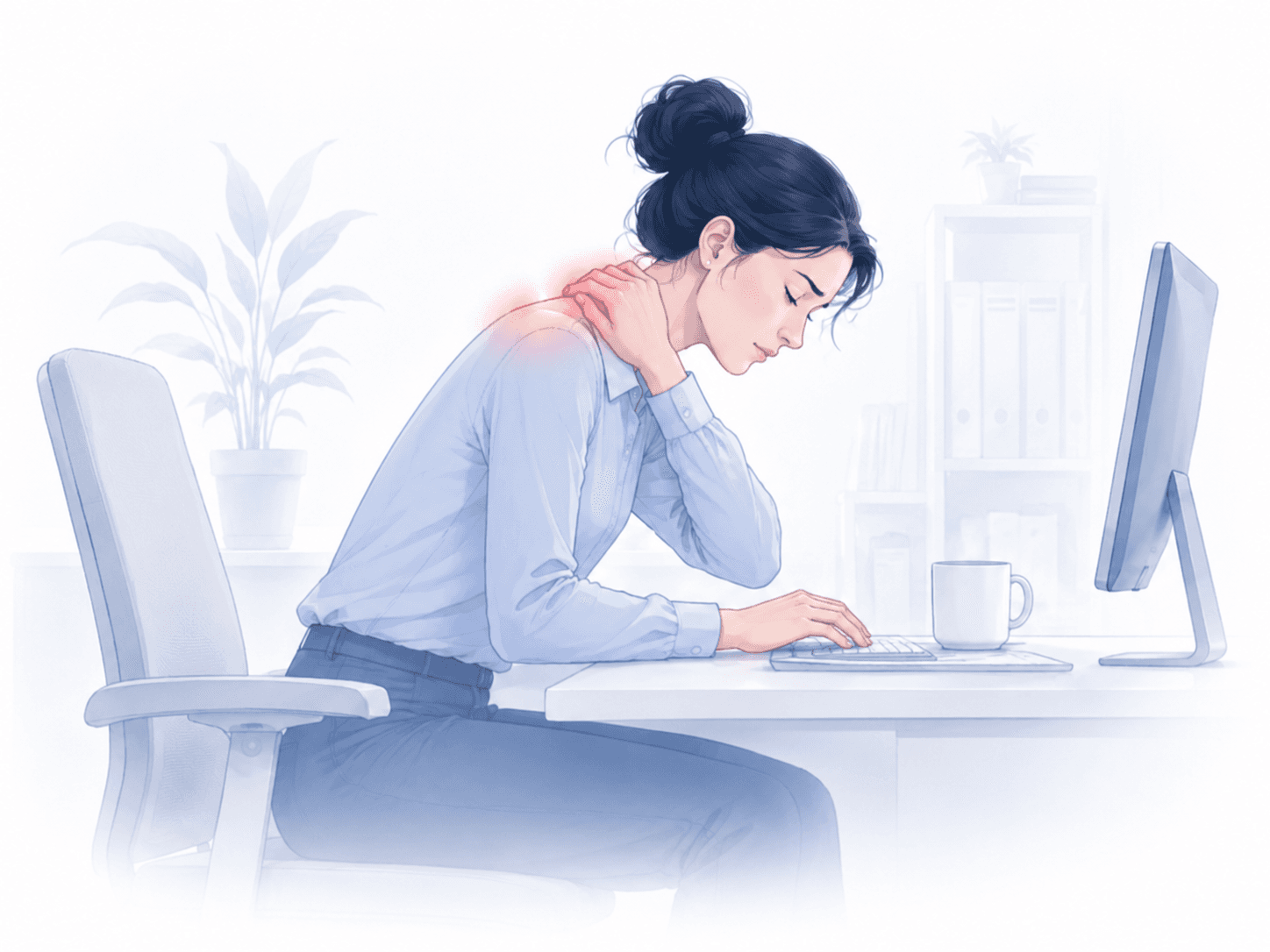 ILUSTRACJA: osoba przy biurku, spięta